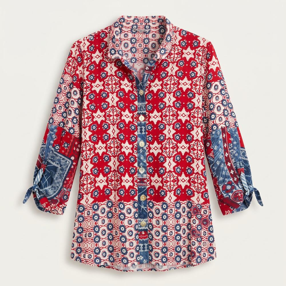 John Mark Womens L Boho Artsy Patchwork Wire Collar Button-Front Eclectic Tunic